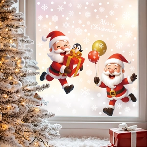 Charming Santa and penguin electrostatic window clings with Merry Christmas text for decor