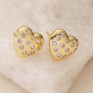 18K gold plated copper heart stud earrings with sparkling clear cubic zirconia