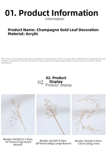 Size specifications for champagne gold acrylic leaf stems and Christmas garland decorations