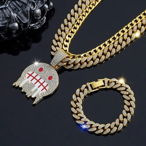 Iced out gold Cuban link chain and bracelet set with ghost pendant for hip hop style