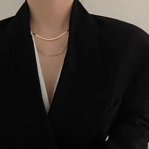 Double-layered 18k gold plated stainless steel paperclip and snake chain necklace set