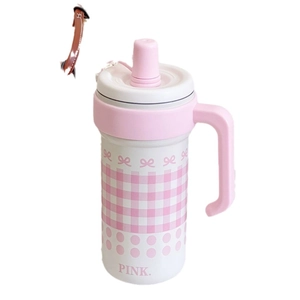 Pink and white checkered 316 stainless steel insulated tumbler with bow pattern and straw
