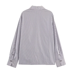 Flat lay back view of the long sleeve vertical striped shirt with neat hem and collar