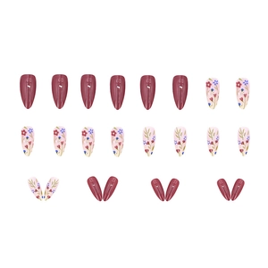 Lot de 24 faux ongles amande à coller avec motifs floraux rouges et tons unis