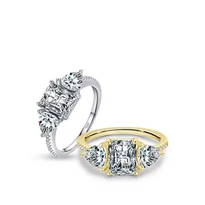 Elegant s925 silver three-stone rings with radiant-cut cubic zirconia and pear accents