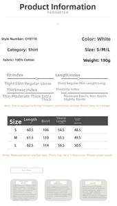 Size guide for women cotton ruffle shirt showing dimensions for S, M, and L sizes