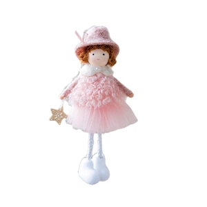 Pink plush angel doll ornament with lace dress and golden star for Christmas tree