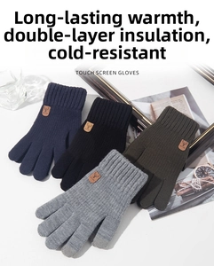 Detail of winter touch screen knit gloves in four colors with leather deer head logo