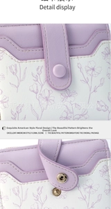 Detail view of floral print faux leather wallet featuring a secure snap button closure
