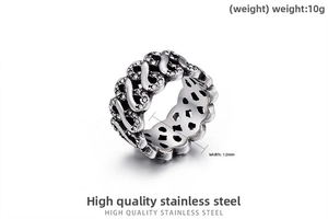 Detail showing 12mm width and 10g weight of stainless steel infinity ring with diamonds