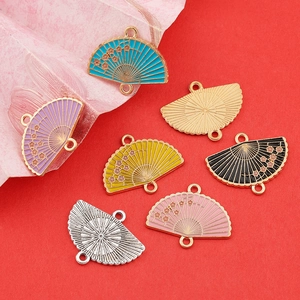 Enamel fan-shaped alloy charms with floral patterns and double loops in various colors