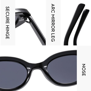 Detailed views of secure hinges, arc mirror legs, and nose pads on black sunglasses