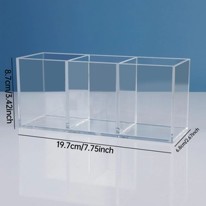 Detailed size chart for the 3-slot acrylic makeup brush organizer with CM and Inch measurements