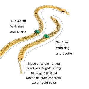 Detail of 18K gold-plated stainless steel jewelry set featuring green malachite stones