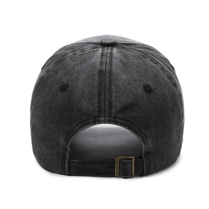 Retro washed dark grey baseball cap with adjustable bronze metal buckle back view