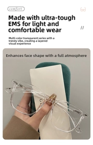 Detail of transparent square eyewear frames with lightweight EMS material and clear hinges