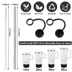 BPA-free reusable straw set with cleaning brush and silicone caps for various cup sizes