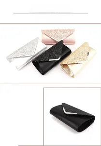 Detail view of sequined envelope clutch bags in black, silver, gold, and rose gold