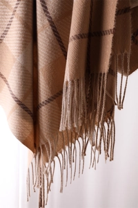 Detailed macro view of soft cashmere-like brown plaid scarf with fringe tassels