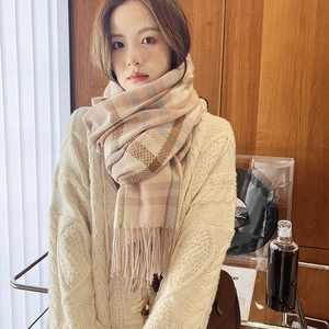 Women's thick plaid cashmere-like scarf with tassels in pink and beige shades