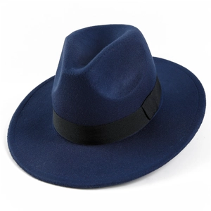 Detail of navy blue wool felt fedora hat featuring a classic black ribbon band decoration