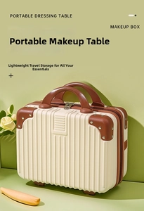 Detail of 14-inch cream makeup case with brown corners and striped texture