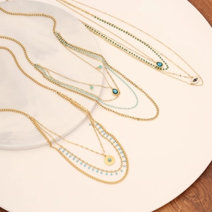 Multi Layer Necklace Stainless Steel Gold Plated Rice Beads Evil Eye Water Drop Pendant Personalized Boho Jewelry For Women