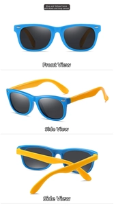 Front and side views of children polarized sunglasses with blue frame and yellow temples