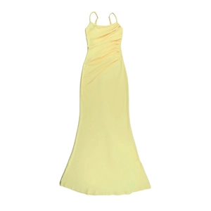 Detailed side view of the ruched textures and tailored waist on this yellow maxi dress