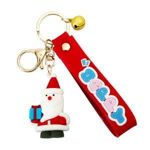 3D Santa Claus keychain with red Happy wrist strap and golden bell for Christmas gifts