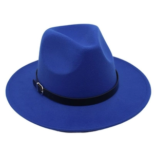 Detail of Klein blue fedora wool hat with black leather strap and silver buckle
