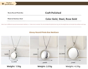 Size chart showing polished round stainless steel locket dimensions in gold and silver