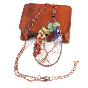 Tree of Life teardrop pendant with colorful natural crystals and copper wire wrap