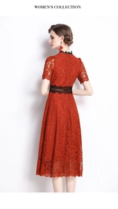 Detailed back view of red lace embroidery dress showing waistline and zipper