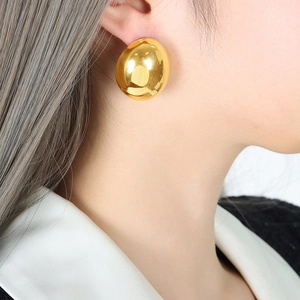 French style gold chunky oval bean stud earrings with high-polish metallic finish