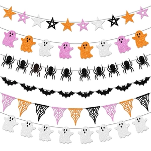 Halloween Banner Glitter Paper Ghost Spider Bat Star Garland Spooky Party Decoration Bunting DIY Wall Decor