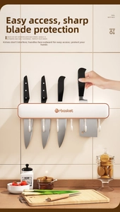 Wall-mounted kitchen knife rack with hooks for utensils and minimalist white design