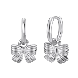 Minimalist S925 sterling silver bow drop hoop earrings for women with high polish finish