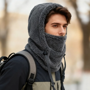 Detail of gray fleece balaclava with adjustable drawstring for winter windproof protection