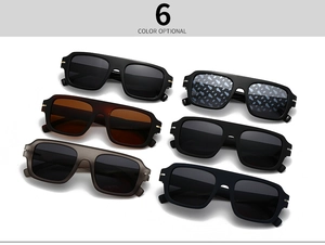 Flat lay of square polarized sunglasses collection in 6 optional colors on white background