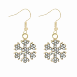 Detailed close-up of golden snowflake earrings with sparkling white crystals for Christmas