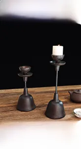 Detailed view of vintage cast iron candle holders with textured metal finish on wooden surface
