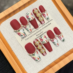 Handmade Red And White Coffin Press On Nails With Artificial Pearl Metal Chain Floral Pattern Retro Wedding Bridal Style