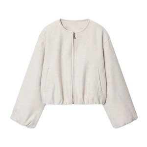 Women's minimalist soft bomber jacket in off-white with zip closure and ribbed cuffs