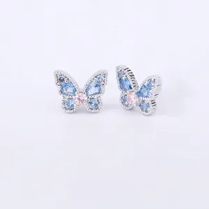 Exquisite 1.2mm butterfly stud earrings with blue and pink zircons in gold plating