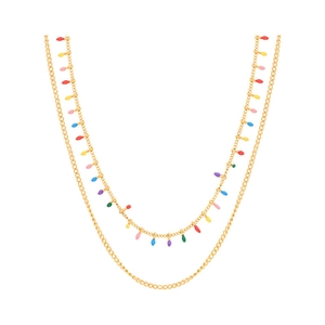 Double-layered gold titanium steel necklace with colorful enamel light bulb charms