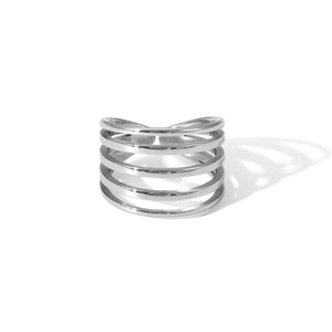 Detailed view of silver adjustable multi-layer stainless steel ring on a white base