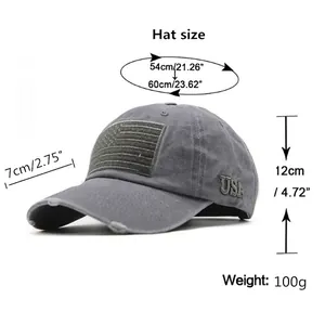 Vintage washed denim baseball cap with USA flag patch and detailed size specifications