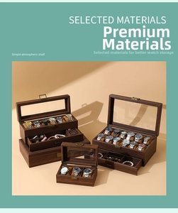 Deep walnut wood watch box collection with glass lids and vintage metal locks in various sizes
