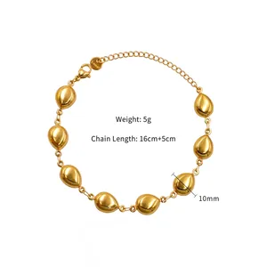 Polished 18k gold stainless steel bracelet with teardrop links and dimensions shown